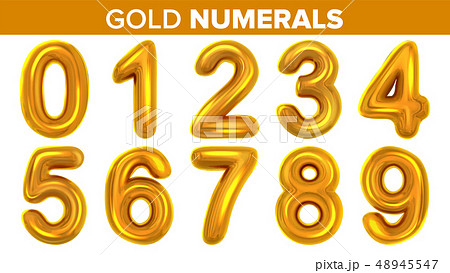 Gold Numerals Set Vector. Golden Yellow Metal Letter. Number 0 1 2 3 4 5 6 7 8 9. Alphabet Font 48945547