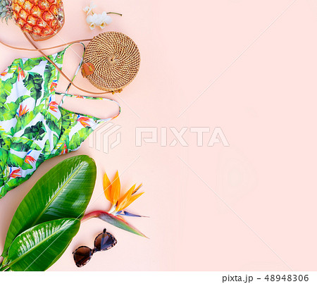 Summer flat lay scenery with swimsuit 48948306