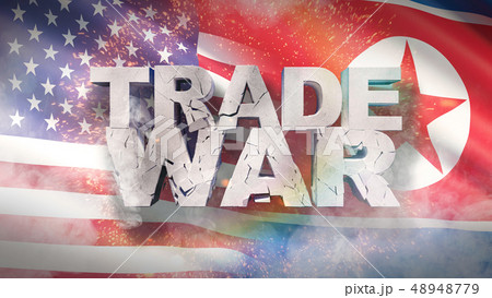 USA and North Korea relationship concept. Cracked text Trade war on flag. 3D illustration. USA and North Korea relationship concept. Cracked text Trade war on flag. 3D illustration. 48948779