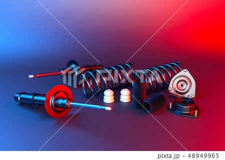 Passenger car Shock Absorber with dust cap, buffer mounting and strut mounting. 3D rendering. Passenger car Shock Absorber with dust cap, buffer mounting and strut mounting. 3D rendering. 48949965