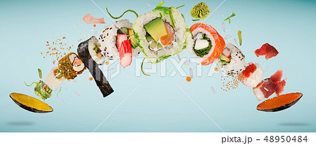 Pieces of delicious japanese sushi frozen in the air. 48950484