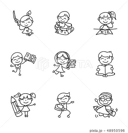 hand drawing cartoon happy kids back to school - Stock Illustration  [48950596] - PIXTA
