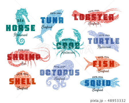 Seafood logo set. Sea creatures, fishing or restaurant emblems. Retro style logo template. Modern 48953332