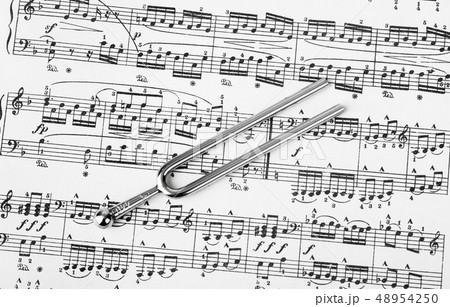 Pitchfork on sheet music - art background 48954250