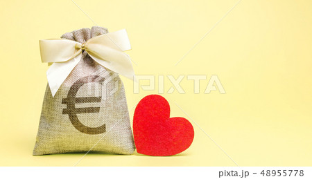 Bag with euro sign and red heart. Charity. 48955778
