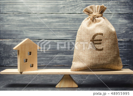 A money bag and a wooden house on the scales. 48955995
