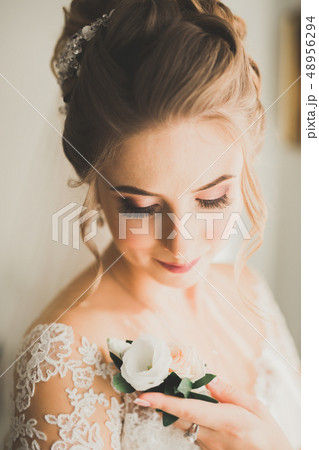 Portrait of beautiful bride with fashion veil at wedding morning Portrait of beautiful bride with fashion veil at wedding morning 48956294