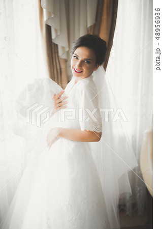 Portrait of beautiful bride with fashion veil at wedding morning Portrait of beautiful bride with fashion veil at wedding morning 48956936