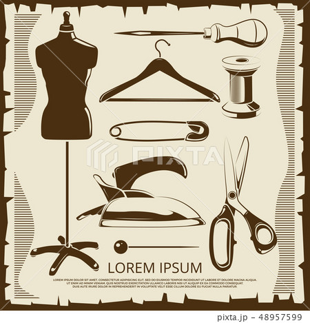 Vintage elements for tailor labels - scissors, dummy, thread, pins Vintage elements for tailor labels - scissors, dummy, thread, pins 48957599