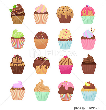 Delicious cupcakes and muffins vector cartoon set 48957699