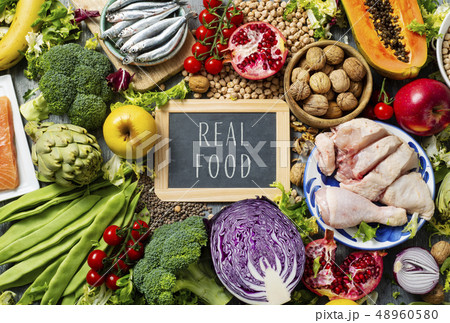 fruits, vegetables, fish, meat and text real food fruits, vegetables, fish, meat and text real food 48960580