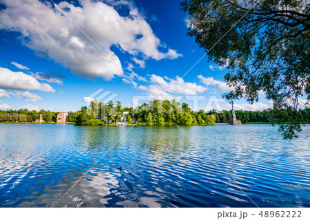 Beautiful landscape with pond in park in Tsarsloye Selo, Russia Beautiful landscape with pond in park in Tsarsloye Selo, Russia 48962222