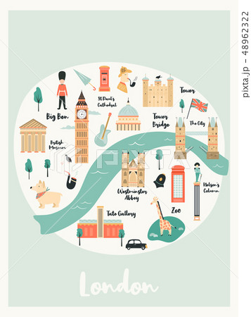 Illustrated Map Of London With Landmarks Symbolsのイラスト素材