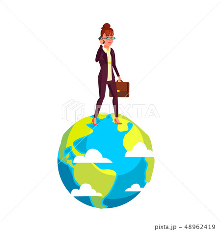 Businesswoman Walking On Planet With Briefcase In Hand Vector Flat Cartoon Illustration 48962419
