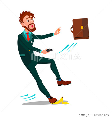 Man In Business Suit With A Briefcase And A Smartphone Slipped On A Banana Peel Vector Flat Cartoon 48962425