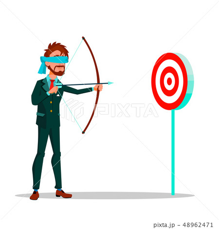 Blindfolded Businessman Aiming At Target From A Bow Vector Flat Cartoon Illustration 48962471