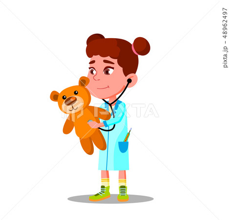 Little Girl In White Coat And Stethoscope Plays Doctor And Treats Her Toy Vector Flat Cartoon 48962497