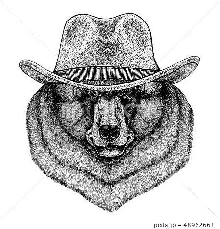 Black bear wearing cowboy hat. Wild west animal. Hand drawn image for tattoo, emblem, badge, logo 48962661