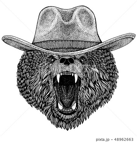 Bear wearing cowboy hat. Wild west animal. Hand drawn image for tattoo, emblem, badge, logo, patch 48962663
