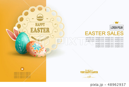 Easter yellow composition with eggs, bunny ears and a round frame with text, brochure, Easter yellow composition with eggs, bunny ears and a round frame with text, brochure, 48962937