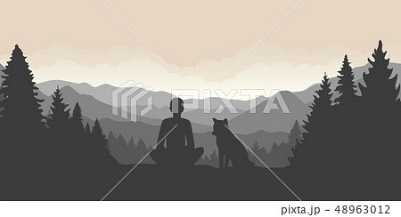 man and his dog mountain and forest landscape 48963012