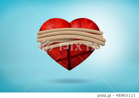 3d rendering or red broken heart tied with a rope on blue background 48963115