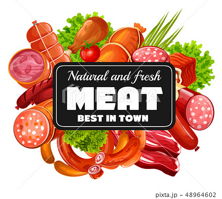 Butchery shop. Vector meat and sausages, greenery 48964602