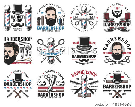 Barbershop icons, beard shaving and haircut salon 48964636