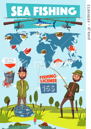 Fishing sport, fisherman and fish in net 48964653