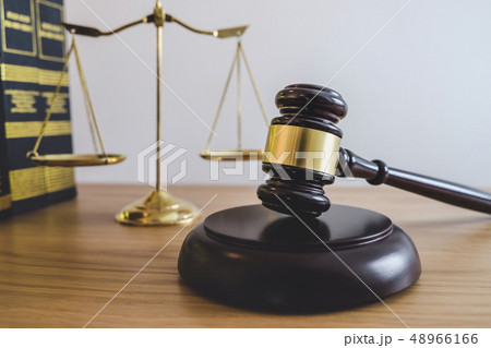 Scales of justice and Gavel on sounding block, object and law bo 48966166