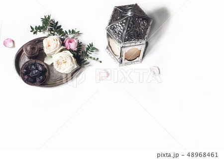 Ramadan Kareem greeting card, invitation. Silver lantern, dates fruit, bronze coffee cup, roses 48968461