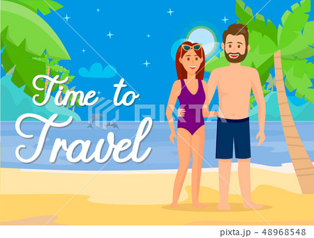 Man and Woman in Swimsuits on Beach Illustration 48968548