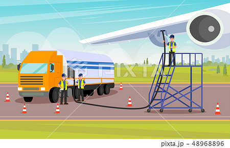 Airport Workers Pour Fuel into Aircrafts Tank. 48968896