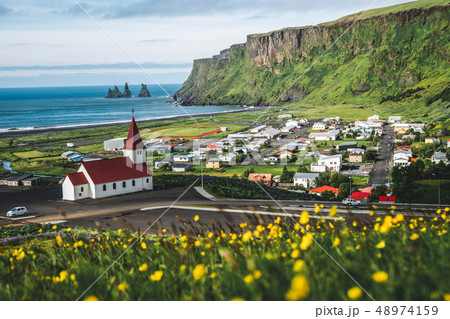 Beautiful town of Vik i Myrdal Iceland in summer. 48974159
