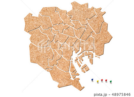 コルクの東京23区地図とマーキング用押しピンのイラスト素材