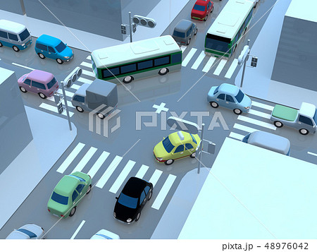 Cg 3d イラスト デザイン 立体 車 自動車 交通 トラブル 渋滞 道路 通勤 休日 交差点のイラスト素材
