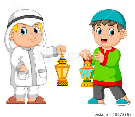 Two Moslem man holding lantern  48978369