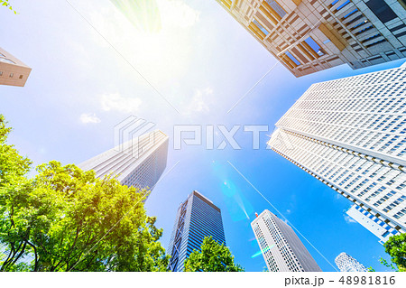 looking up view of city skyline in tokyo, japan 48981816