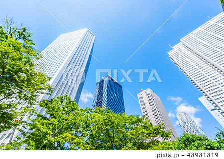 looking up view of city skyline in tokyo, japan 48981819