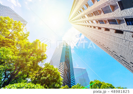 looking up view of city skyline in tokyo, japan 48981825