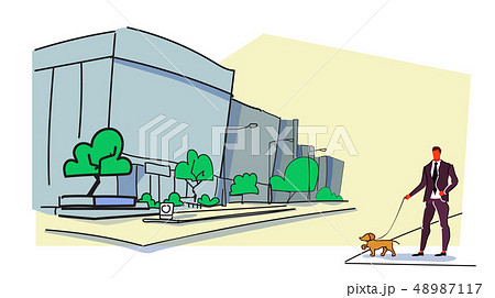 businessman walking with dog modern city street buildings view cityscape background colorful sketch 48987117