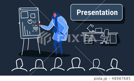 casual man speaker pointing financial graph on flip chart conference meeting presentation concept 48987685