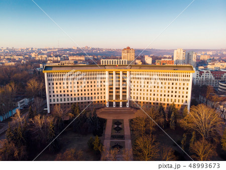 Aerial drone view of Parliament building in golden 48993673