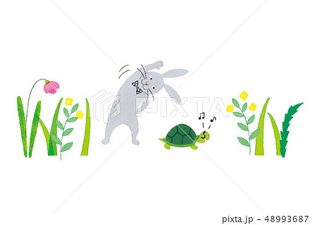 ウサギとカメと野原のイラスト素材