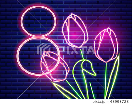 8 march tulip flowers neon light. Vintage board. 8 march tulip flowers neon light. Vintage board. 48993728