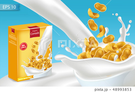 Cornflakes in milk splash Vector realistic mock 48993853