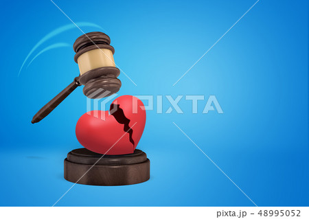 3d rendering of brown wooden gavel breaking pink heart on round wooden block into two parts 3d rendering of brown wooden gavel breaking pink heart on round wooden block into two parts 48995052