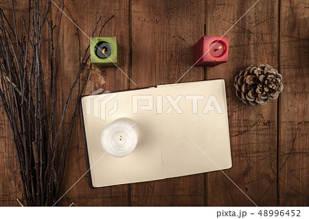 Overhead photo of open grimoire, candles, and a broom Overhead photo of open grimoire, candles, and a broom 48996452