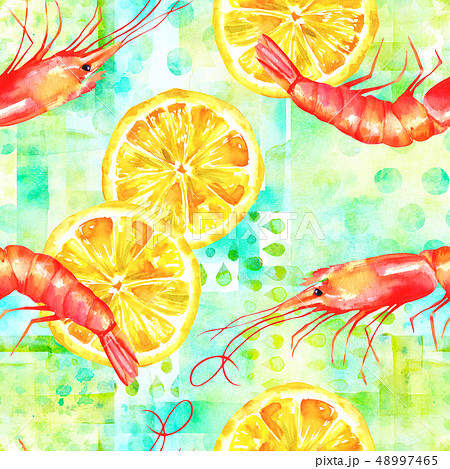 A seamless watercolor pattern with shrimps and lemons on a teal blue patchwork pattern, a fresh A seamless watercolor pattern with shrimps and lemons on a teal blue patchwork pattern, a fresh 48997465