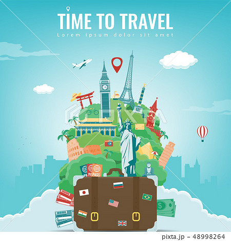 Travel composition with famous world landmarks. Travel and Tourism concept. Vector 48998264